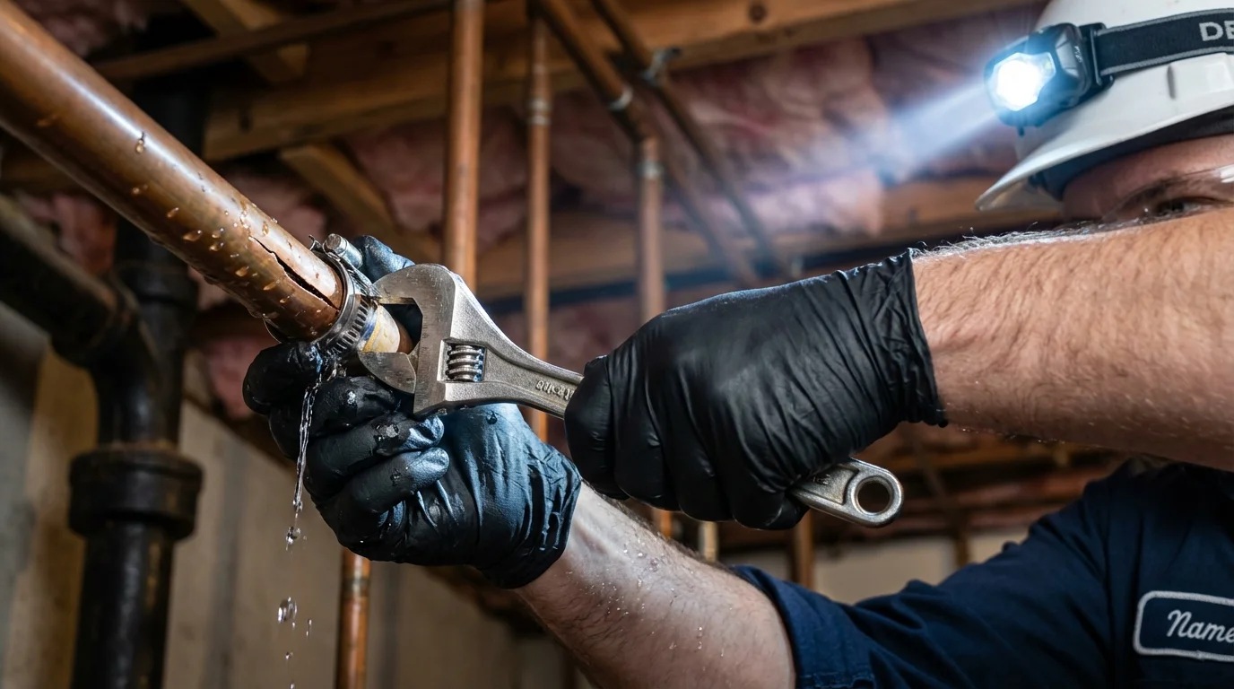 Emergency pipe clamp repair being performed by a Johns Plumbing LLC plumber in Livingston