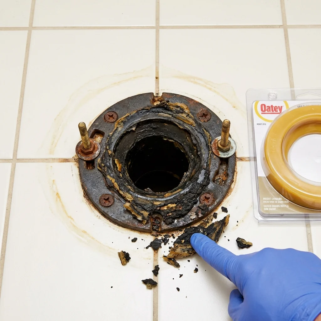 Failed wax ring showing water seepage at the base of a toilet in a Livingston, TX home