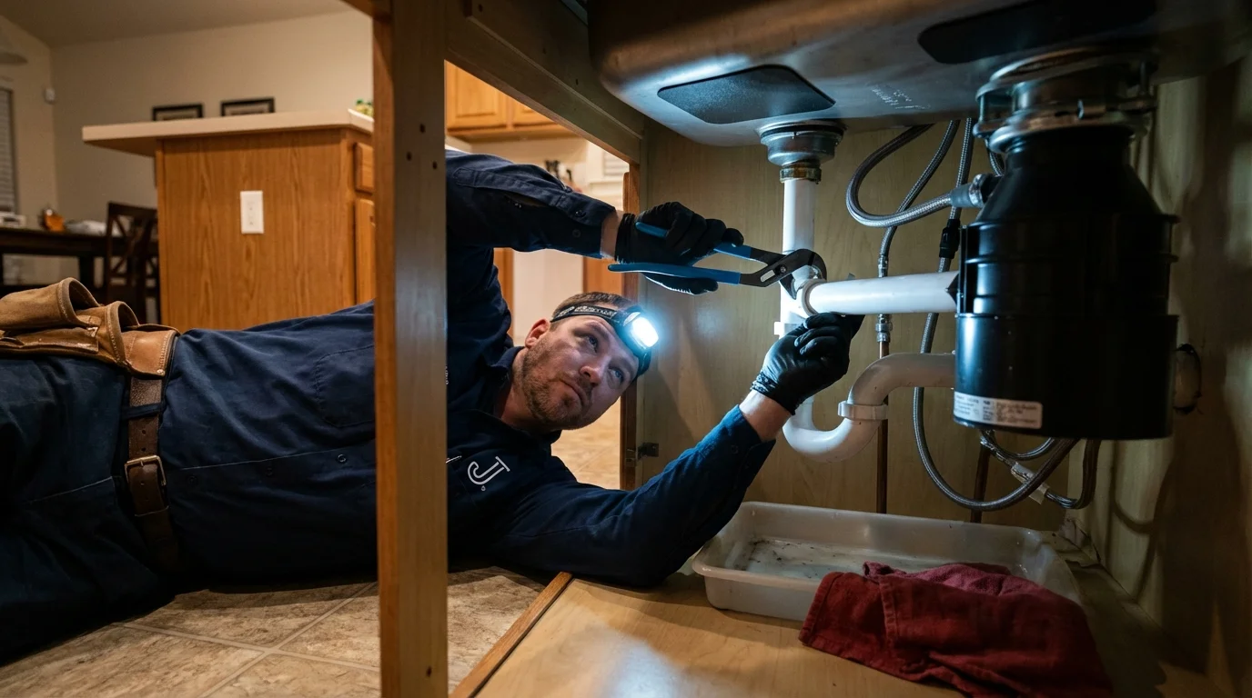 P-trap and supply line connections under a kitchen sink showing a common leak point in Livingston, TX
